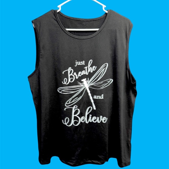 Unbranded Tops - Women's Black Muscle Wide Strap Tank Top Just Breathe and Believe Dragonfly 4X